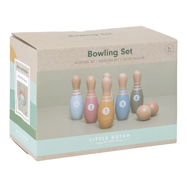 Set del Bowling in legno, Little Dutch. Vista sulla confezione del gioco in cartone